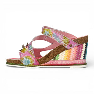 Balade 32 - Sandalias cuña de mujer rosa pálido floral piel
