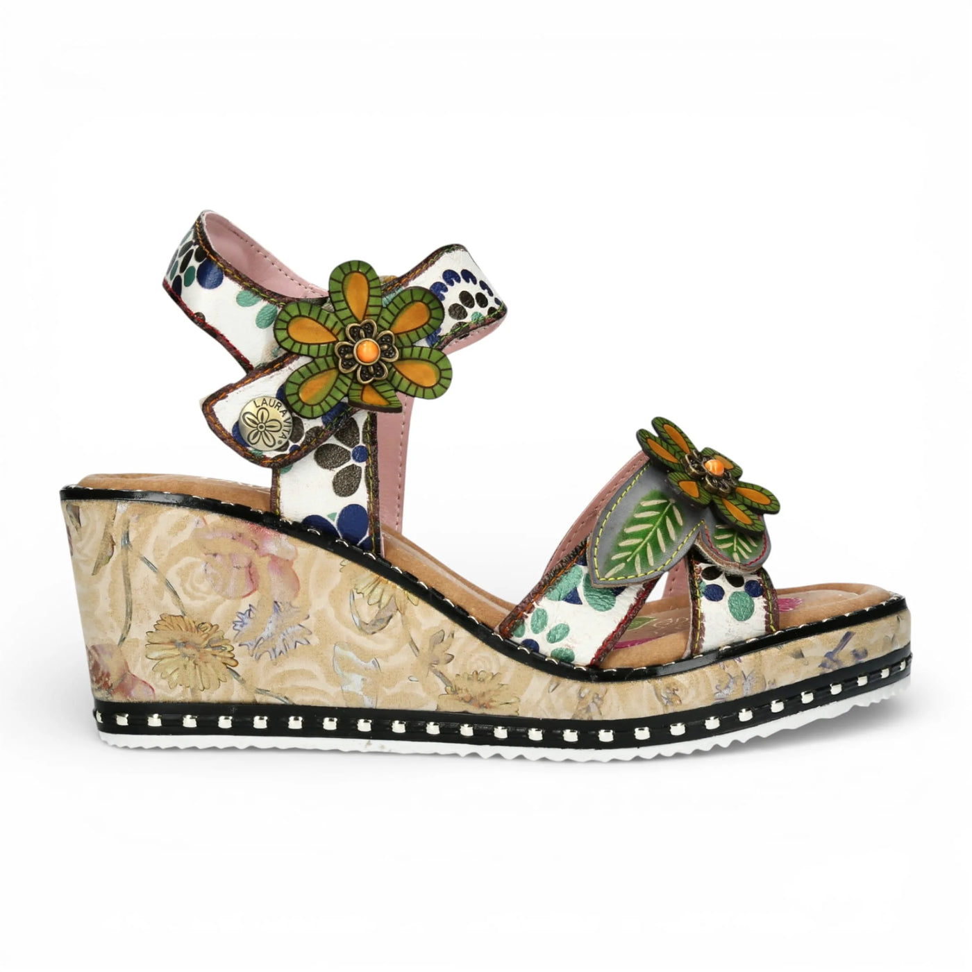 Ballon 08 - Sandalias Cuña Mujer Piel Florales Beige