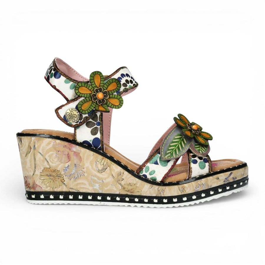 Ballon 08 - Women's Beige Floral Leather Wedge Sandals