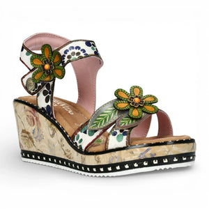 Ballon 08 - Sandalias Cuña Mujer Piel Florales Beige