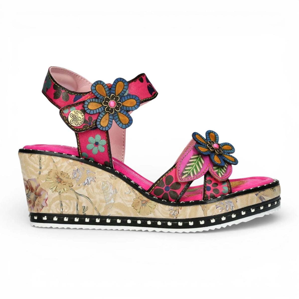 Ballon 08 – Rosa Leder-Keilabsatzsandalen für Damen mit Blumenmuster