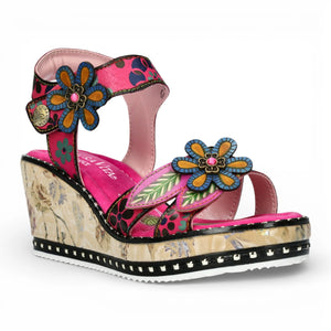 Ballon 08 – Rosa Leder-Keilabsatzsandalen für Damen mit Blumenmuster