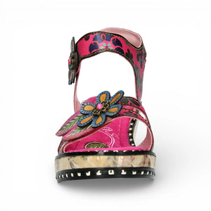 Ballon 08 – Rosa Leder-Keilabsatzsandalen für Damen mit Blumenmuster