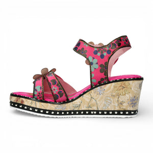 Ballon 08 – Rosa Leder-Keilabsatzsandalen für Damen mit Blumenmuster