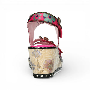 Ballon 08 – Rosa Leder-Keilabsatzsandalen für Damen mit Blumenmuster
