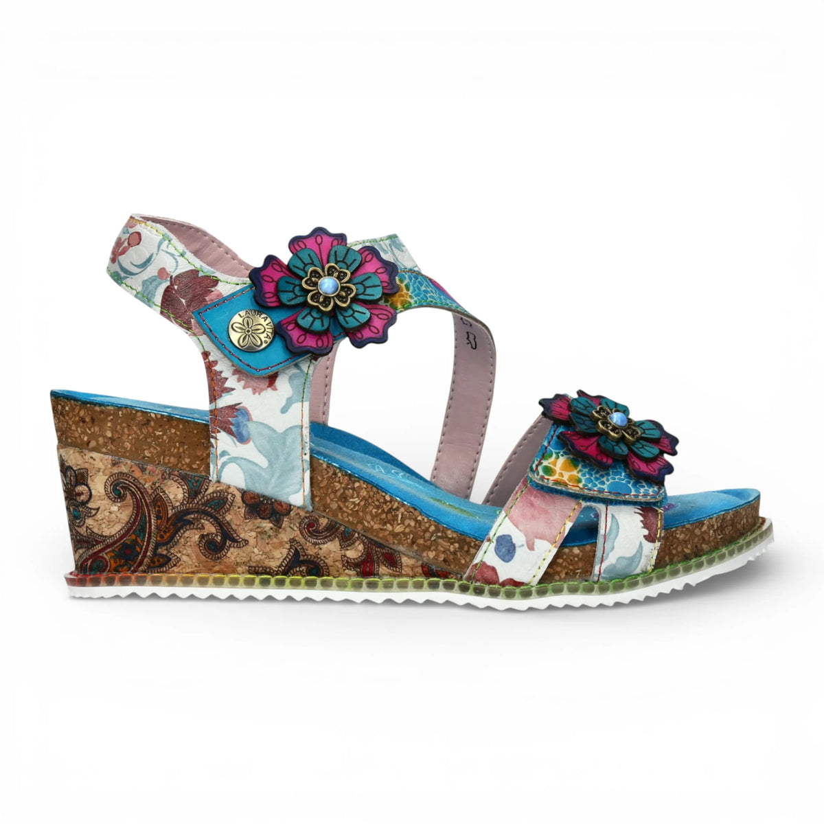 Bonito 32 - Women's Blue Floral Leather Wedge Sandals