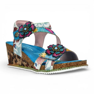 Bonito 32 - Women's Blue Floral Leather Wedge Sandals