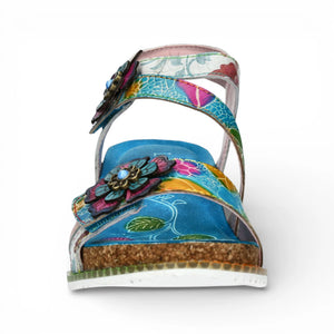 Bonito 32 - Women's Blue Floral Leather Wedge Sandals