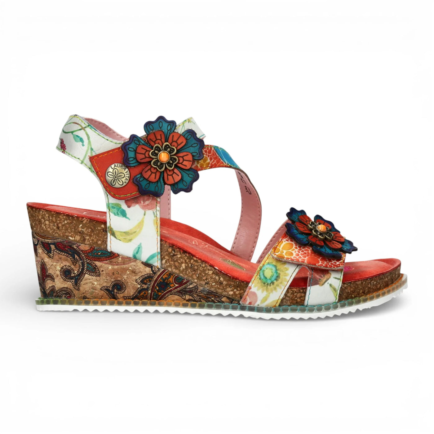 Bonito 32 - Women's Orange Floral Leather Wedge Sandals