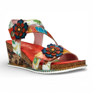 Bonito 32 - Women's Orange Floral Leather Wedge Sandals