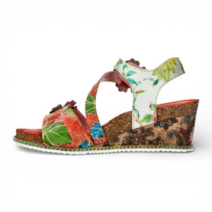 Bonito 32 - Women's Orange Floral Leather Wedge Sandals