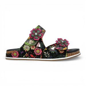 Brcyano 32 - Women's Black Floral Leather Strappy Slipper