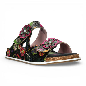 Brcyano 32 - Women's Black Floral Leather Strappy Slipper