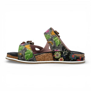 Brcyano 32 - Women's Black Floral Leather Strappy Slipper