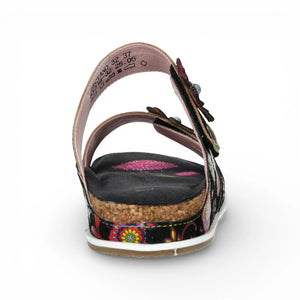 Brcyano 32 - Women's Black Floral Leather Strappy Slipper