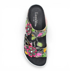 Brcyano 32 - Women's Black Floral Leather Strappy Slipper