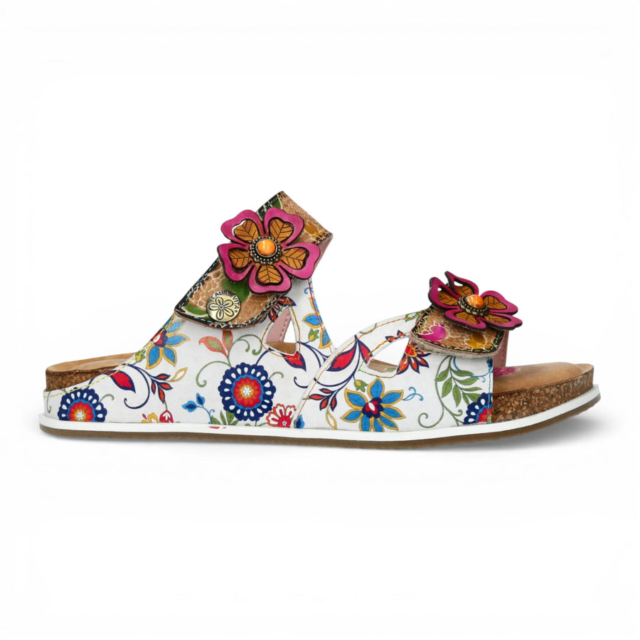 Brcyano 32 - Women's White Floral Leather Strappy Slipper