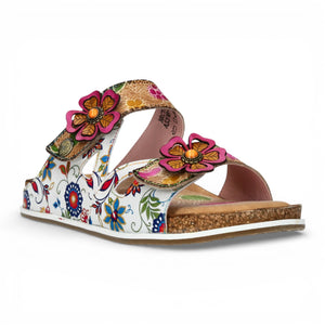 Brcyano 32 - Women's White Floral Leather Strappy Slipper