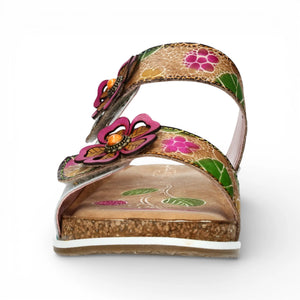 Brcyano 32 - Women's White Floral Leather Strappy Slipper