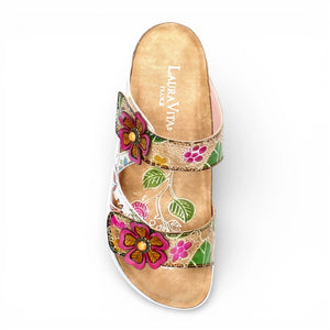 Brcyano 32 - Women's White Floral Leather Strappy Slipper