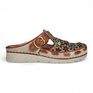 Dorry 01 - Women’s Floral Beige Leather Wedge Slipper