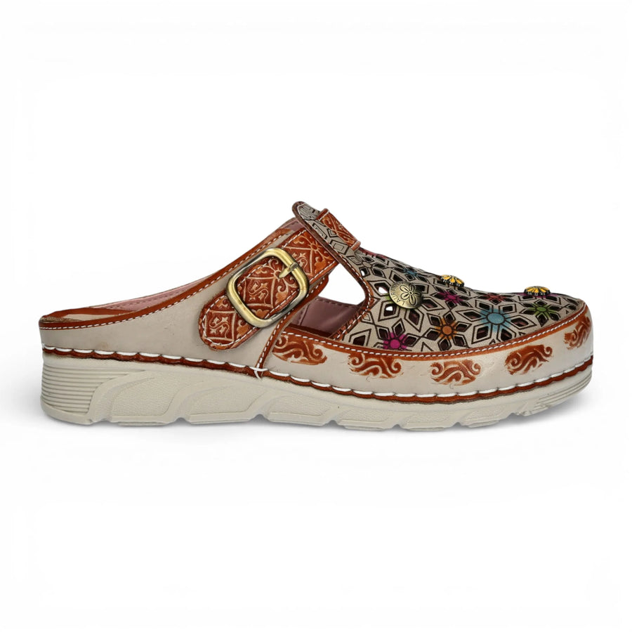 Dorry 01 - Women’s Floral Beige Leather Wedge Slipper