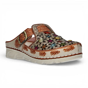 Dorry 01 - Women’s Floral Beige Leather Wedge Slipper