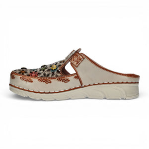 Dorry 01 - Women’s Floral Beige Leather Wedge Slipper