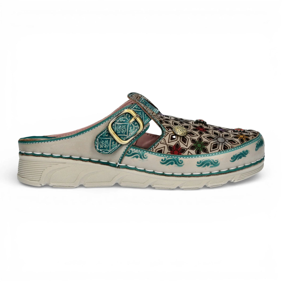 Dorry 01 - Mules compensées femme bleues en cuir à fleurs
