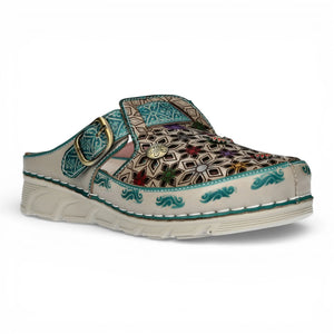Dorry 01 - Mules compensées femme bleues en cuir à fleurs