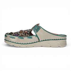 Dorry 01 - Mules compensées femme bleues en cuir à fleurs