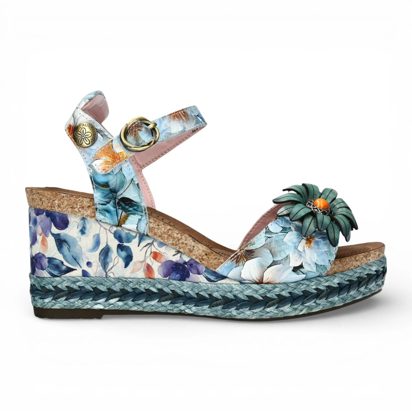 Facyo 75 - Sandales compensées femme bleues à motif floral en cuir