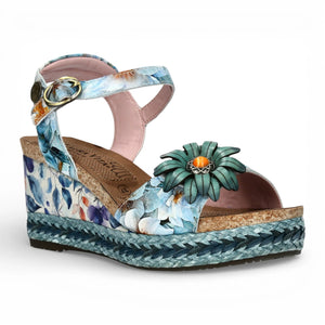 Facyo 75 - Sandales compensées femme bleues à motif floral en cuir