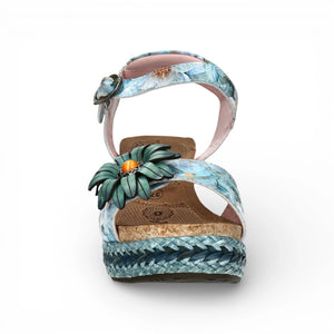 Facyo 75 - Sandales compensées femme bleues à motif floral en cuir