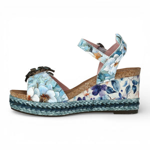 Facyo 75 - Sandales compensées femme bleues à motif floral en cuir