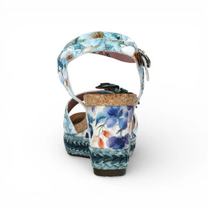 Facyo 75 - Sandales compensées femme bleues à motif floral en cuir