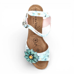 Facyo 75 - Sandales compensées femme bleues à motif floral en cuir