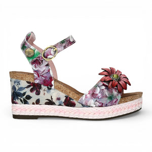 Facyo 75 – Leder-Keilabsatzsandalen für Damen in Lila mit Blumenmuster
