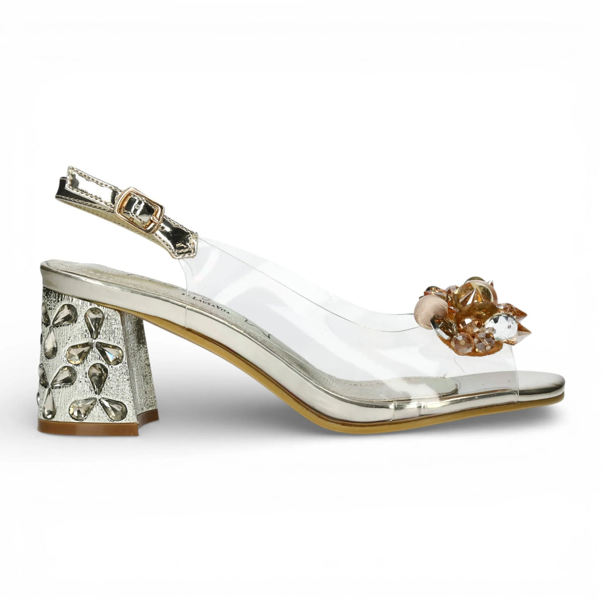 Marlene 12 – Transparente Sandalen für Damen mit goldenem Blockabsatz