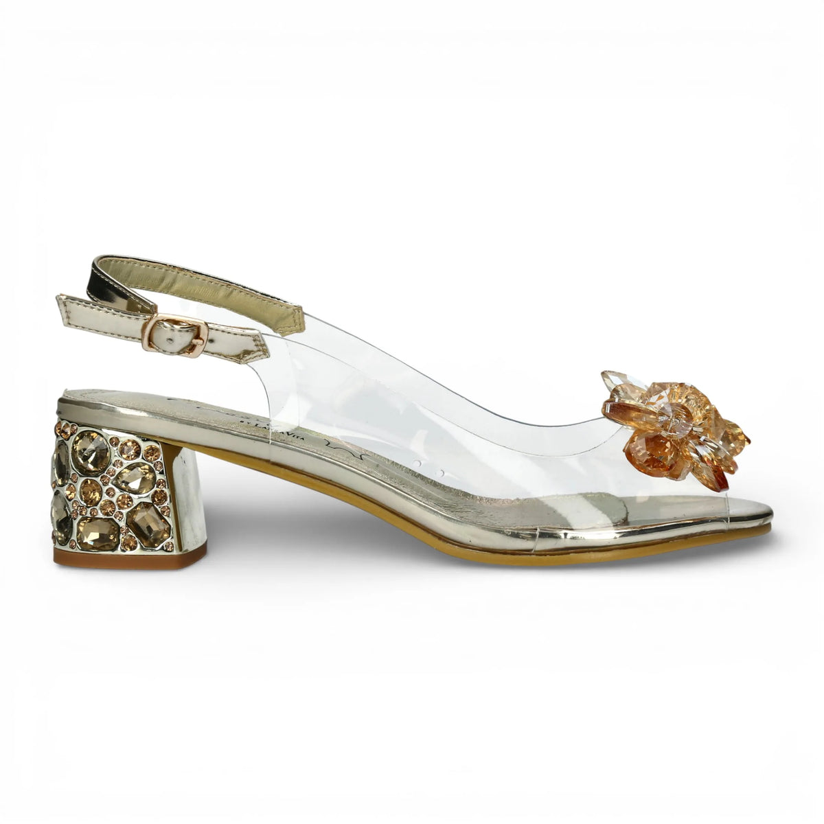 Mily 22 - Women’s Clear Golden Slip-On Heel Sandals