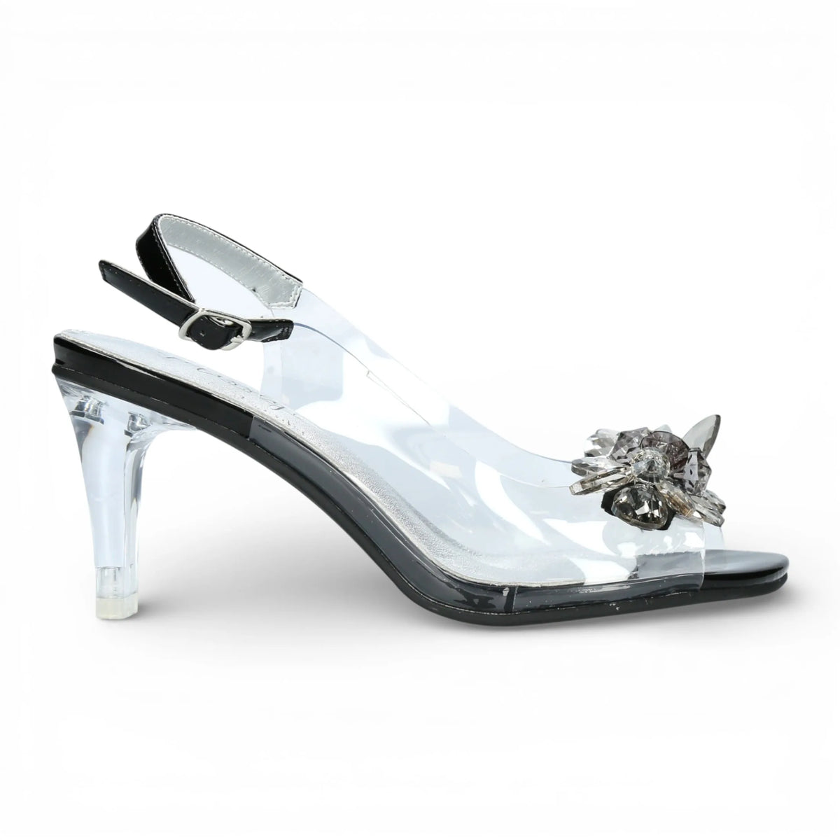 Mira 01 - Women’s Clear Black Slip-On Heel Sandals
