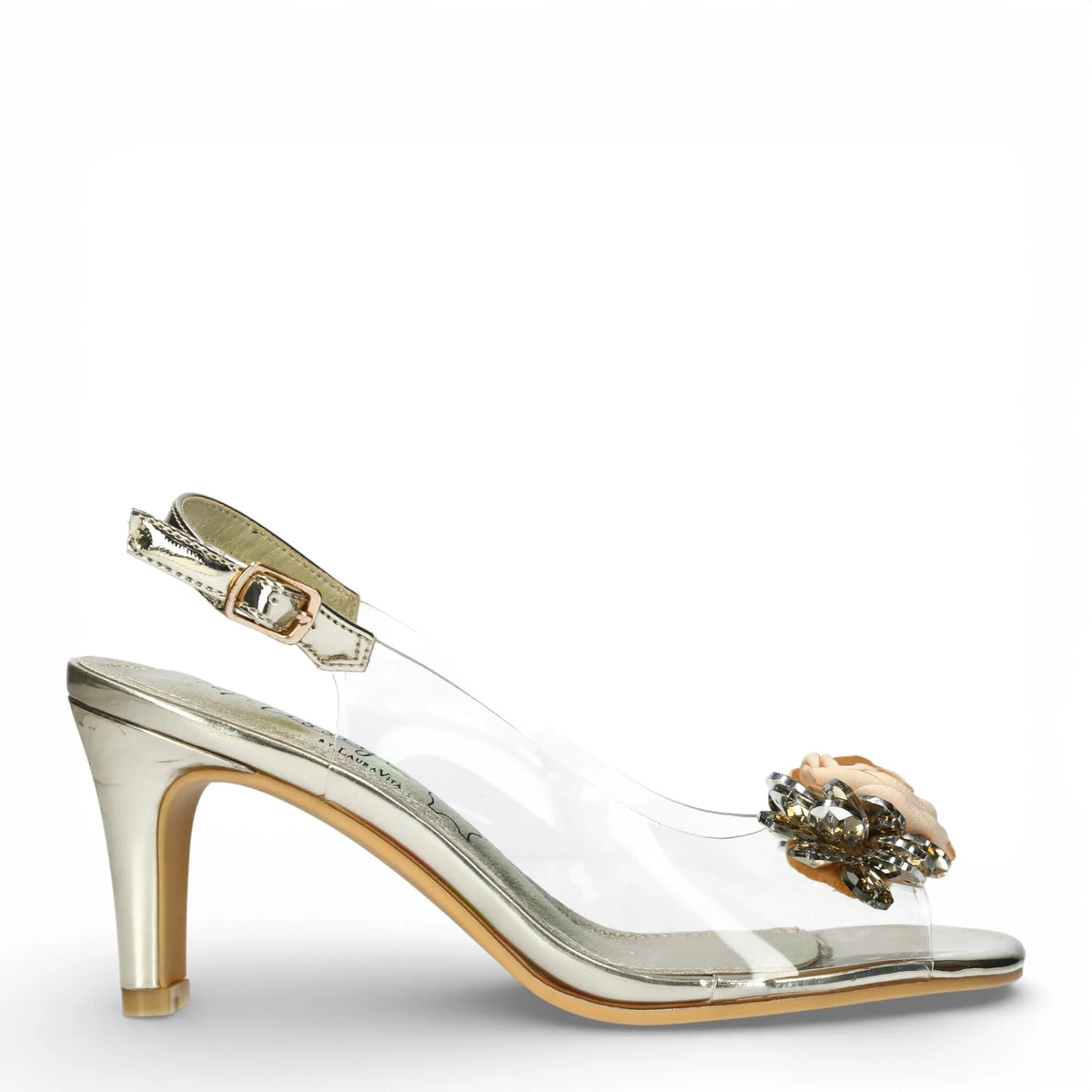 Mira 05 - Sandalias tacón de mujer doradas transparentes