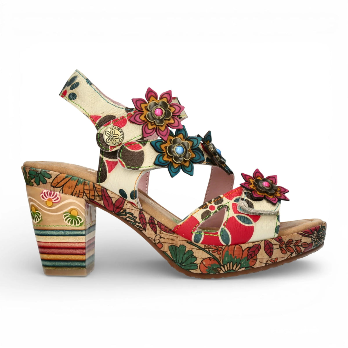 Nellao 33 - Women's Beige Floral Leather Wedge Sandals