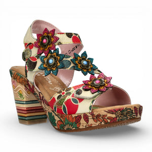 Nellao 33 - Women's Beige Floral Leather Wedge Sandals