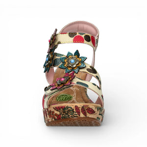 Nellao 33 - Women's Beige Floral Leather Wedge Sandals