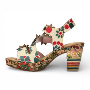 Nellao 33 - Women's Beige Floral Leather Wedge Sandals