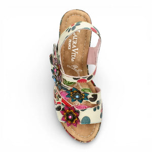 Nellao 33 - Women's Beige Floral Leather Wedge Sandals