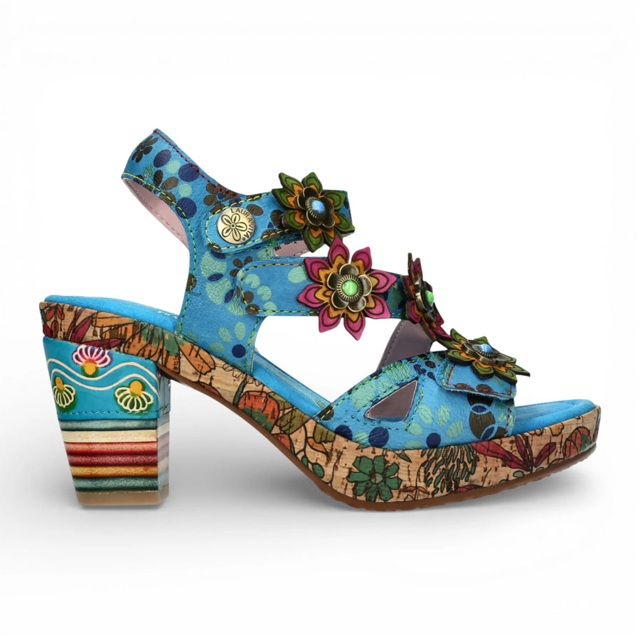 Nellao 33 - Women's Blue Floral Leather Wedge Sandals
