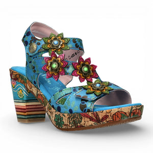 Nellao 33 - Women's Blue Floral Leather Wedge Sandals