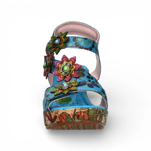 Nellao 33 - Women's Blue Floral Leather Wedge Sandals